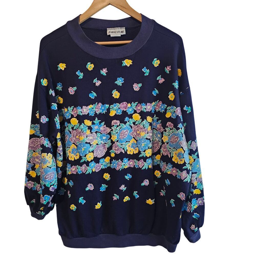 Vintage Floral Sweatshirt Womens 1X Blue 90s Granny Boho Fleece Spring Easter